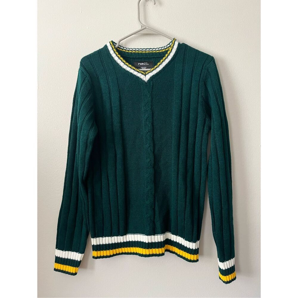 Rue 21 Green White and Yellow Crochet 90s Crew Neck Sweater Y2k Small Cheer